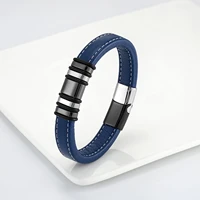 2021 new fashion simple punk style 5 ring stainless steel mens classic bracelet blue wide leather rope charm bracelet