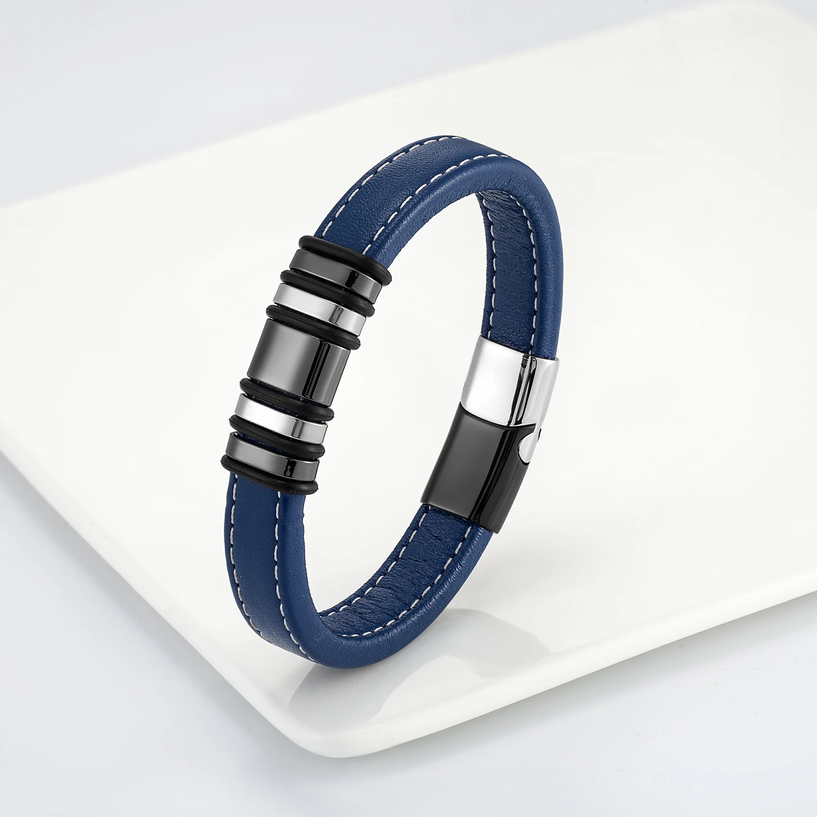 Мужской широкий кожаный браслет из нержавеющей стали в стиле панк с 5 кольцами 2021