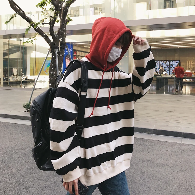 Мужские пуловеры в полоску Свободные повседневные толстовки с капюшоном стиле