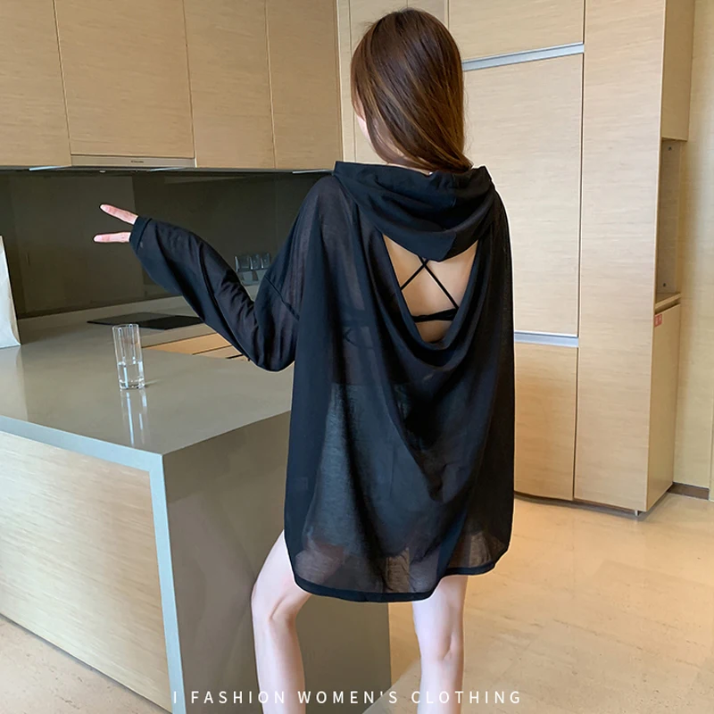 

Vetement Femme 2021 Солнцезащитная Одежда Блузки манга Larga Camicia Donna Elegante свободный капюшон Bluz Сексуальная рубашка с открытой спиной A210