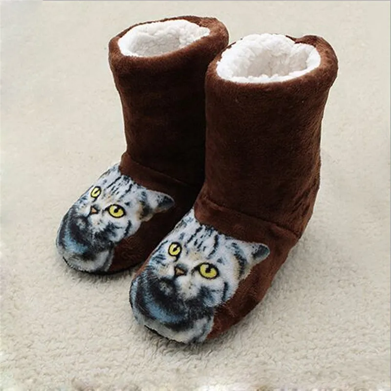 Женские домашние ботинки с принтом кота Зимние ботильоны из толстого плюша