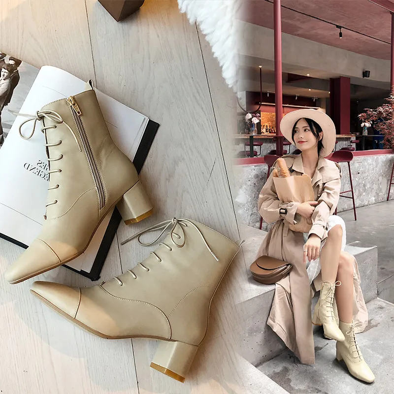 

Square Head Lace Up Martin Boots Thick Heel Apricot 2021 Autumn Side Zipper Comfortable Women's Boots Commuting Single Boot