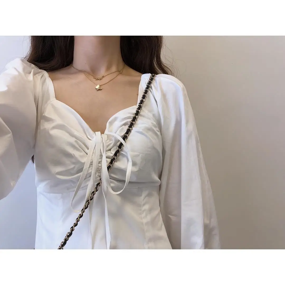 

Elegant White Dress Women Casual Long Sleeve Vintage Fairy Midi Dress Draped Lace-Up Slim One Piece Dress Korean 2021 Autumn