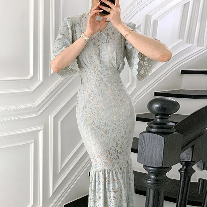 

Yocalor Lace V Neck Pullover Short Sleeve Dress Women High Waist Hip Skinny Mermaid Vestidos Temperament Hook Flower Vestido