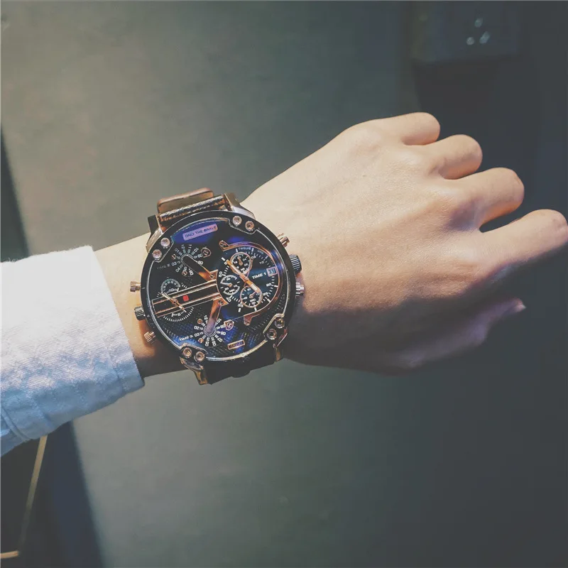 

New Big Dial Watches Men Black Brown Leather Band Hip-hop Military Army Quartz Wristwatches Male Clock Hodinky Relogio Masculino