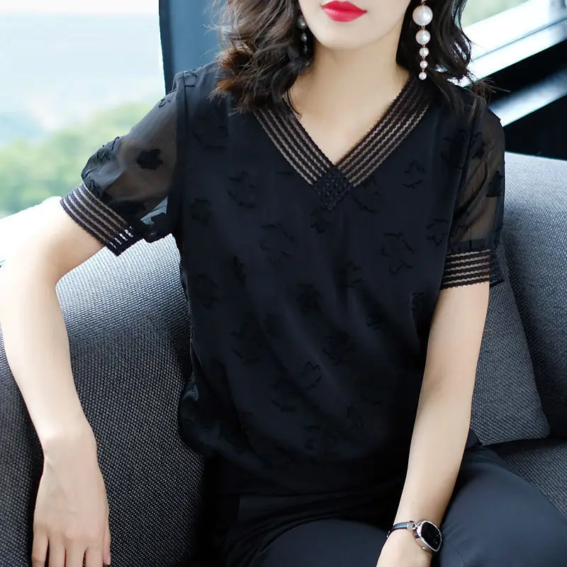 

New Chiffon Shirt Short Sleeve 2021 summer loose cover and thin base shirt V-neck