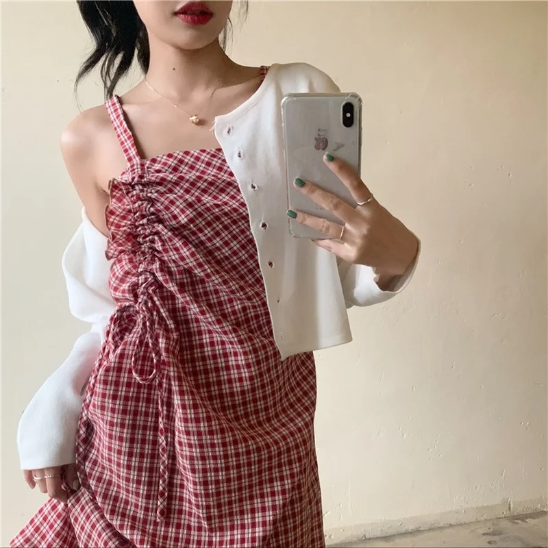 

Summer Korean Kawaii Fairy Strap Dress Women Sweet Cute Designer Chiffon Plaid Slim Dress Fema;e Sexy Party Mini Beach Dress