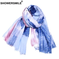 showersmile women scarf blue gradient ramp long scarf women cotton linen 2021 new arrival spring fashion ladies shawl