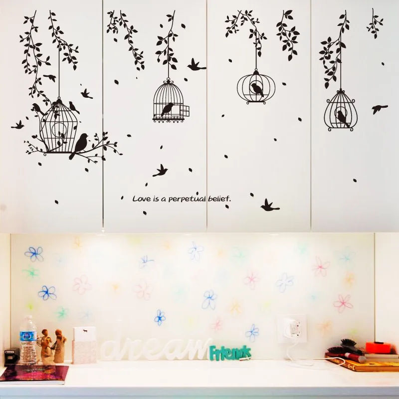 Cute Black Birdcage Leaves Silhouette Dining Room Art Ornament Wall Sticker Pro | Дом и сад