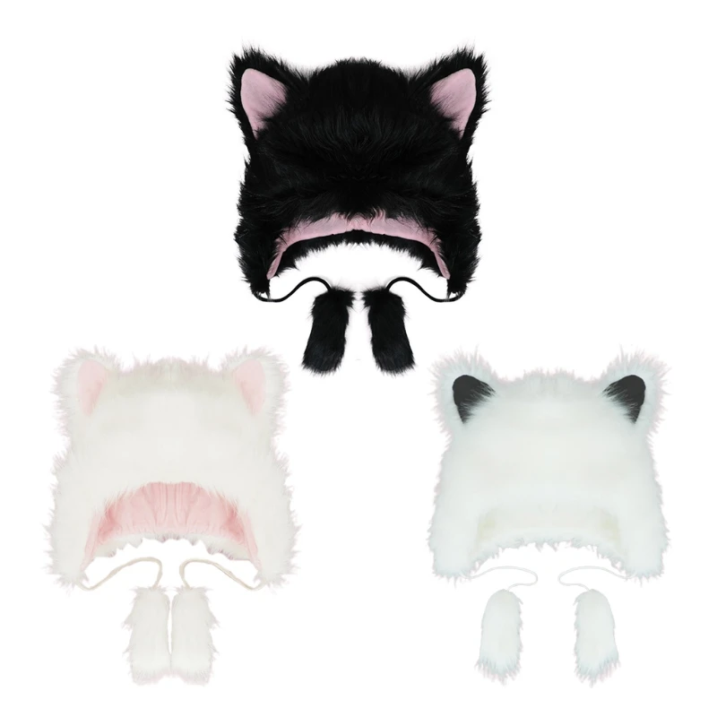 

573B Cartoon Animals Ear Winter Hat Color Matching Furry Faux Fur Hats for Women Plush Keep Warm Hats Cosplay Party Props