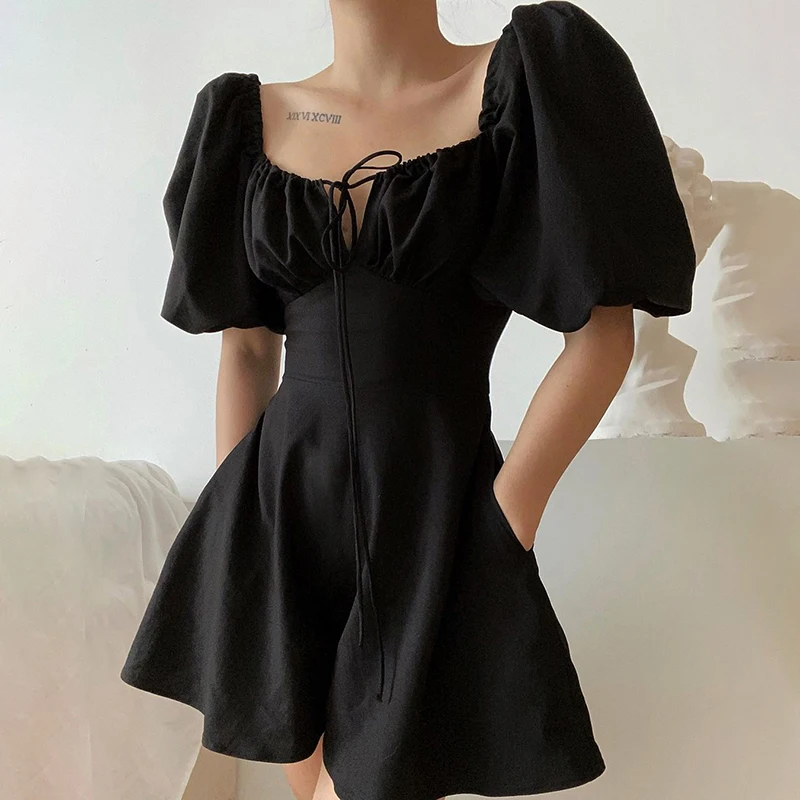 

2021 New Fashion Puff Sleeve Dress Summer A- line Lace-up Off Shoulder Black French Short Sleeve Dress Women's Clothing Ladies
