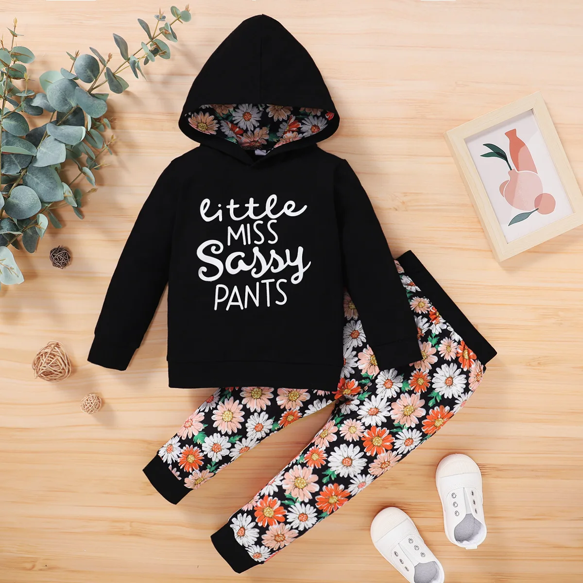 

Fashion Casual Infant Newborn Baby Girl Clothes Letter Printing Hooded Flower Print Pants Outfit Cotton Baby Tracksuit Set