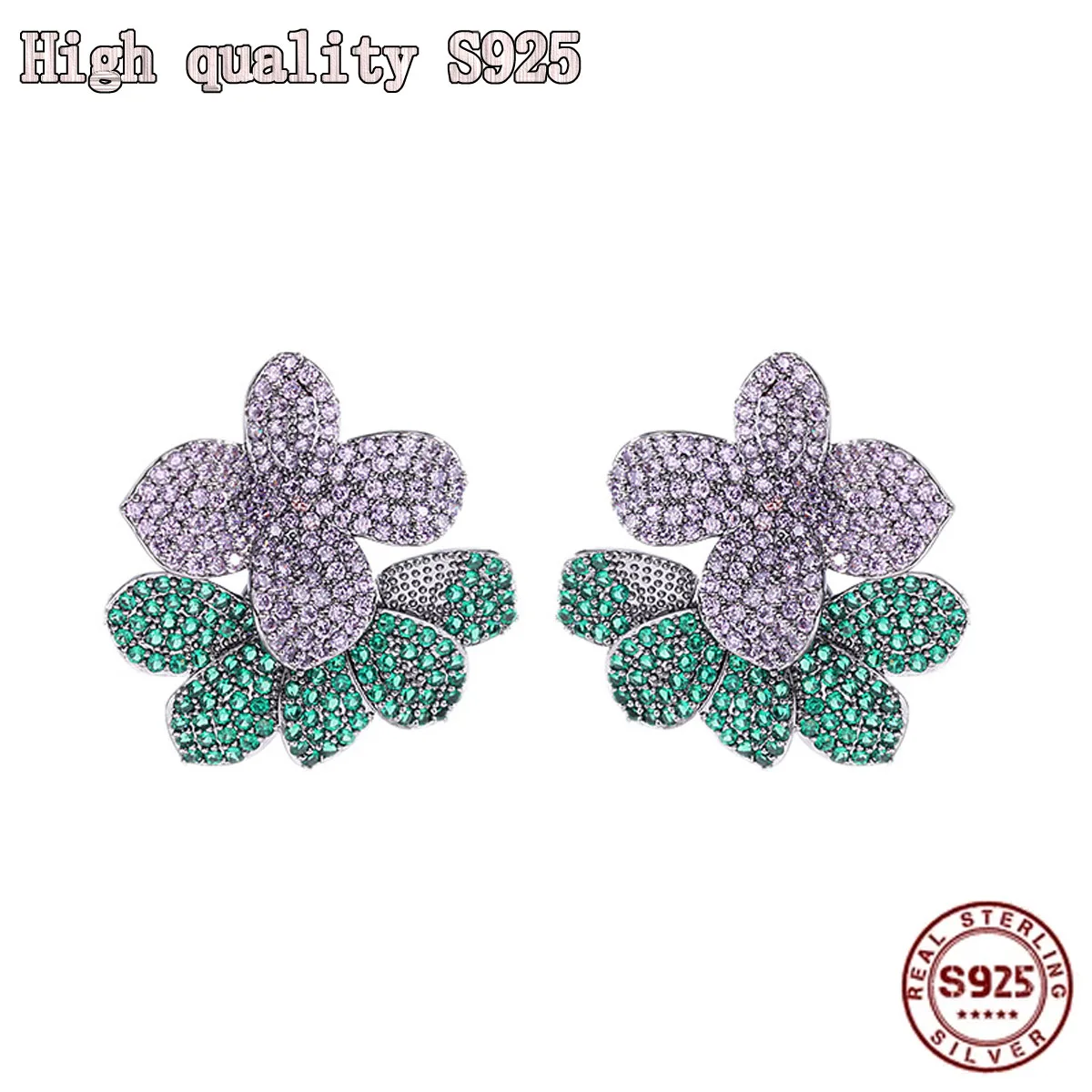 

High Quality Light Luxury High Sense Retro Color Zirconium Double Earrings S925 Silver Needle Flower Earrings Women Jewelry