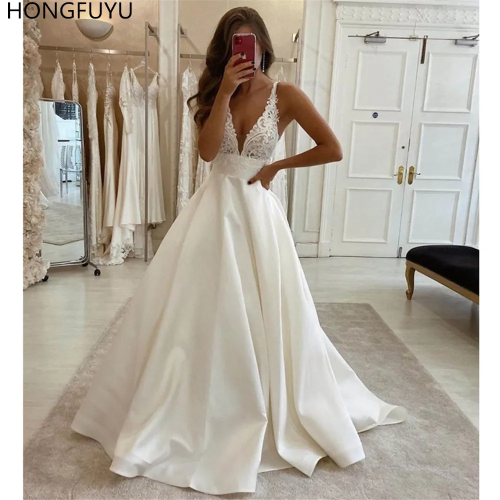 

Роскошное Свадебное платье HONGFUYU, с V-образным вырезом, кружевные свадебные платья без рукавов, трапециевидные атласные платья
