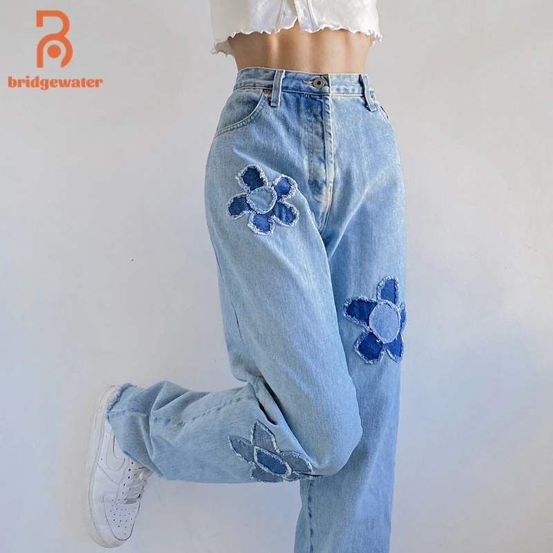

BRIDGEWATER Streetwear Contrast Color Foral Spliced Jeans Women's Autumn 2021 New High Waist Loose Female Straight Denim Pants