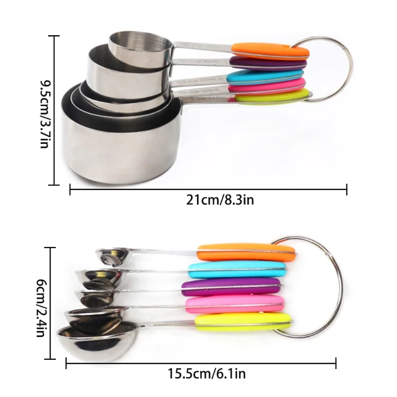 Набор из 10 мерных стаканчиков и ложек нержавеющей стали со шкалой красочные