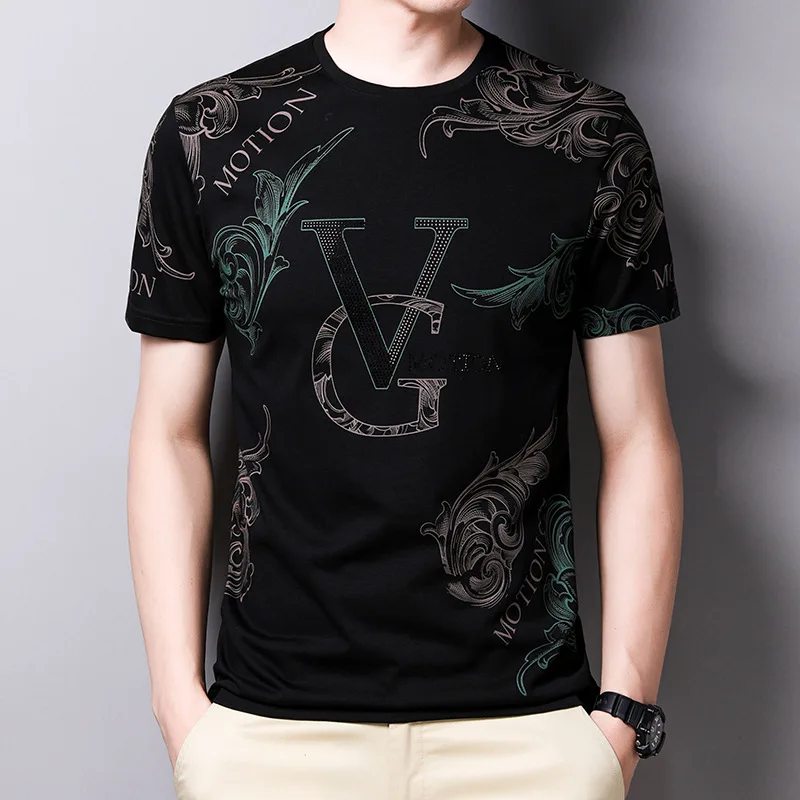 

Best Seller Fashion Print Men's Short Sleeve T-shirt Korean Slim-fit Cotton Tee Mens Summer Clothing Black O-Neck T Shirts