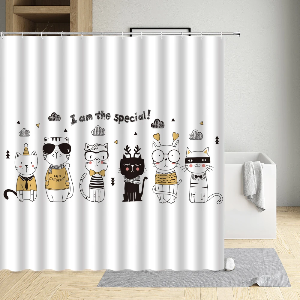 

Creative Printed Lovely Cat Modern Eco-Friendly Fabric Polyester Waterproof Cloth Curtain Bathtub Decor Bath Screen With Hooks