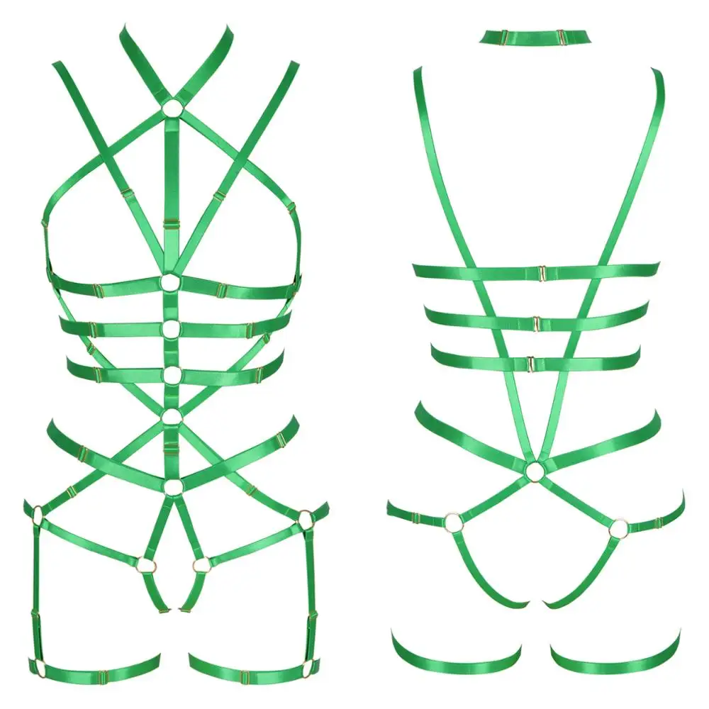 

Steampunk Lingerie Women Cage Full Body Strappy Fashion Green Crop Top Elastic Garter Belts Bandage Harness Bra Festival Wear