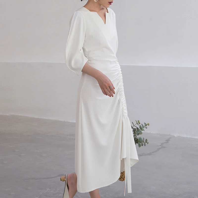 GALCAUR Drawstring Ruched женские платья три четверти рукав с высокой талией Асимметричные осенние платья Женская мода одежда