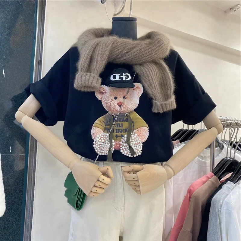

3D T-shirt Female 2021 Summer New Korean Version Beaded Bear Loose Short-sleeved Diamond Painting Cross Stitch Women Shirts