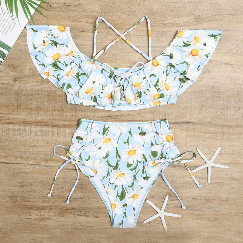 

Women's Swimwear 2021 Summer Sexy Bikini One Shoulder Ruffled Tube Top Swimsuit Lace High Waist Printed Sports Beach Swimwear