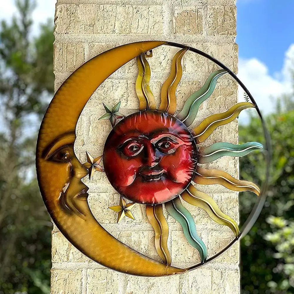 

Wrought Iron Sun Moon Metal Art Hanging Pendant Background Wall Living Room Decor Vintage Ornament Garden Decor DROPSHIP