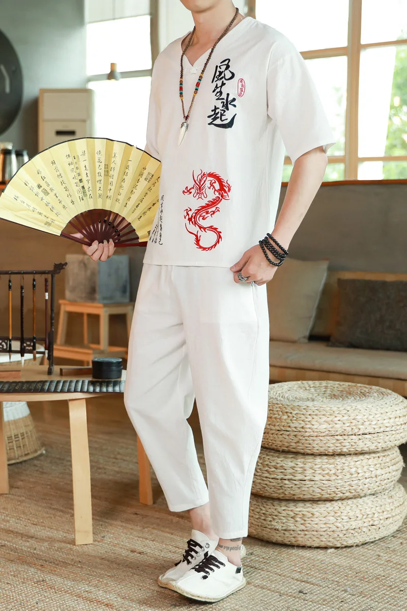 

embroidery Chinese Style Summer Men Linen Tang Suit Loose Short Sleeve T-shirt+Pant Clothing Set Oriental Kung Fu Costumes Male