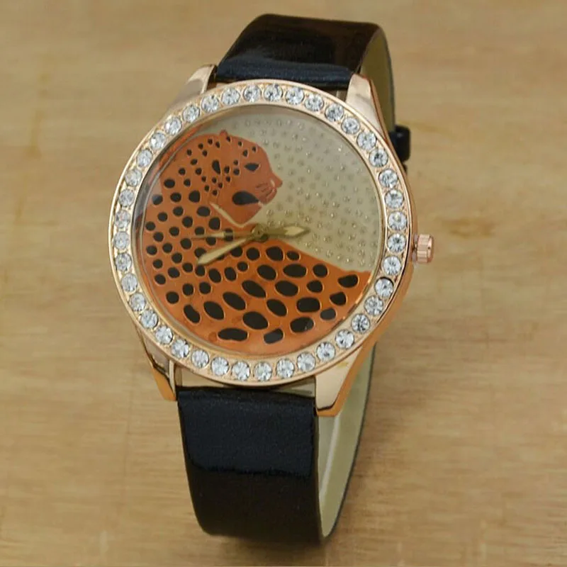 Модные женские часы с кристаллами кожаный ремешок кварцевые пантера Часы Relogio
