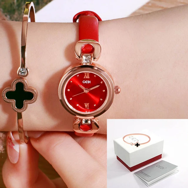 Relogio Feminino GEDI 8 мм ультратонкие женские кварцевые часы Лакшери модные часы Montre Femme женские элегантные часы браслет подарок - Цвет: Red box