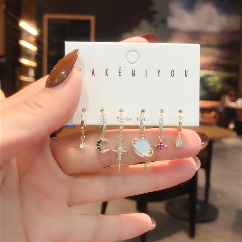 

SIPENGJEL Fashion Cubic Zircon Star Moon Small Hoop Earrings 6 Pcs Set Earrings For Women Korean sets Jewelry 2021
