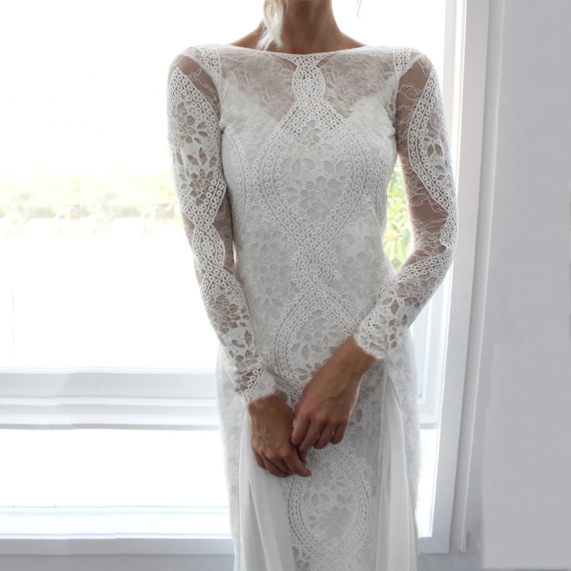 

2020 Summer Autumn Women Long Party Blackless Dress Vintage Long Sleeve Floor Length Sexy Backless White Lace Maxi Dress