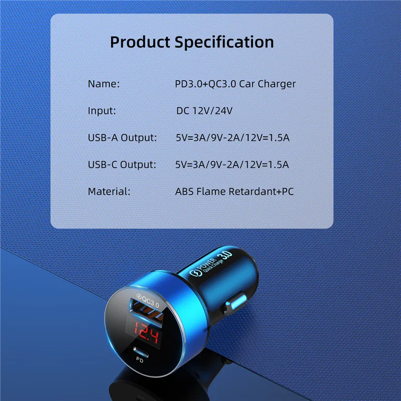 Автомобильное зарядное устройство USLION 36 Вт 6A QC3.0 PD со светодиодным дисплеем