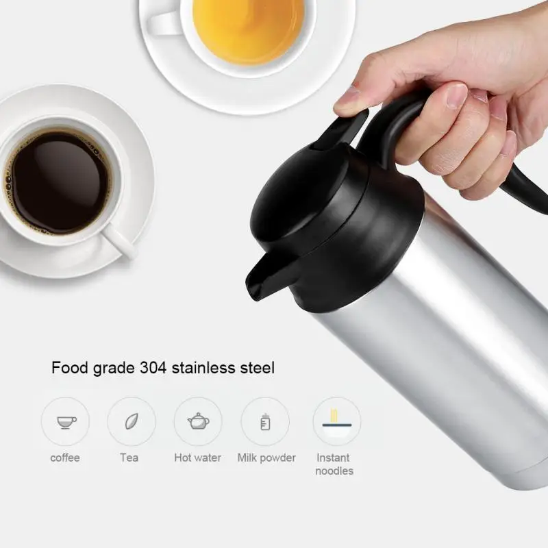 

Stainless Steel 12V 750ml Electric Car Kettle Heating Cup with Auto Adapter Coffee Mug Travel Water Bottle