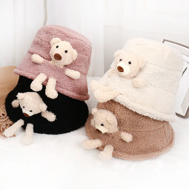 

Cute Bucket Hat Bear Doll Ornaments Artificial Lamb Wool Fisherman Hat Winter New Cartoon Solid Color Plush Women's Basin Hat