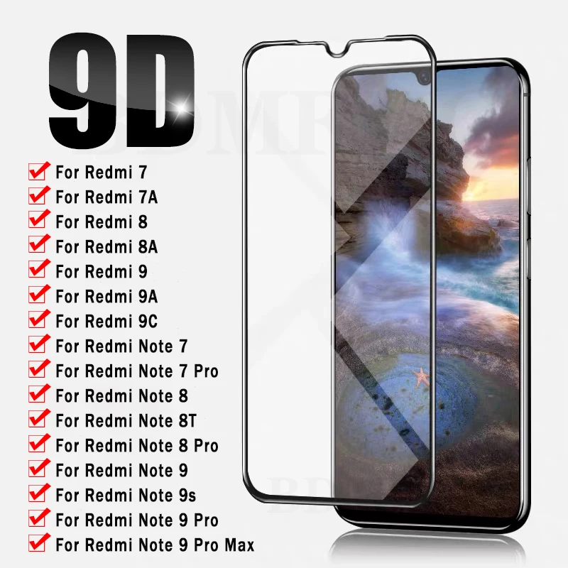 Защитное стекло 9D с полным покрытием экрана для Xiaomi Redmi Note 7 8 9 Pro 9s 8T 9A 9C 7A 8A