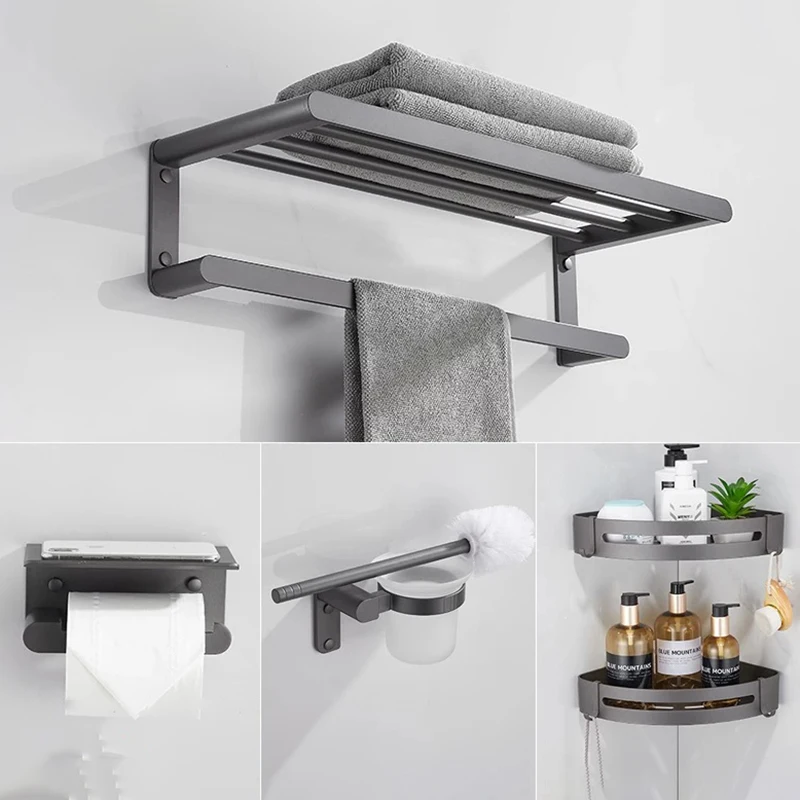 gunmetal gray bathroom accessory set space aluminum metal towel rail rack bar shelf paper holder toothbrush holder free global shipping