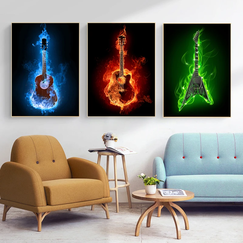 

Modern Musical Instruments Fire Burning Electric Guitar Poster Canvas Painting Wall Art Prints Living Room Decoration Pictures