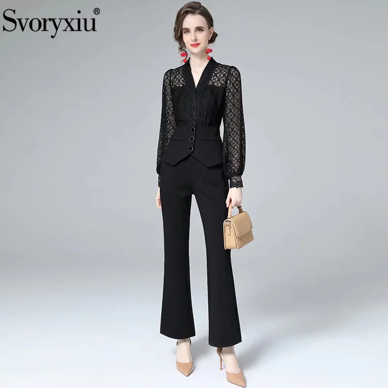 

Svoryxiu Fashion Office Lady Autumn Black Brown Retro Wide Leg Pants Suit V-Neck Lace Slim Jacket + Solid Trousers 2-Piece Set