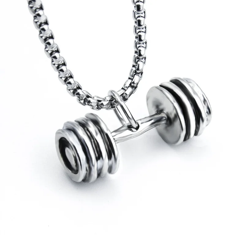 

2020 fashion fitness dumbbell barbell pendant titanium steel necklace creative punk style necklace to give boyfriend gifts