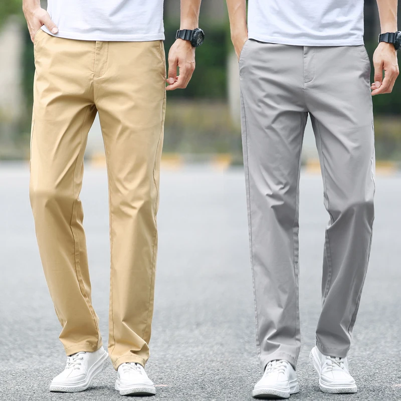 2021 Summer New Men's Thin Cotton Khaki Casual Pants Business Solid Color Stretch Trousers Brand Male Gray Plus Size 40 42 | Мужская