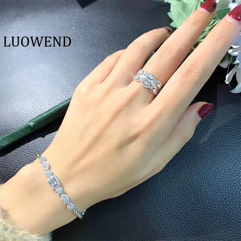 

LUOWEND 18K White Gold (AU750) Wedding Ring Gold Rings Row Drill Real Natural Diamond Ring for Women Fashion Birthday Gift