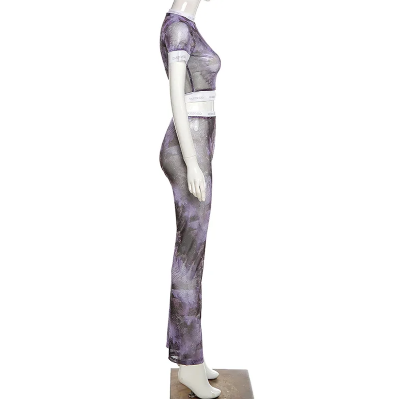 

See Through Sexy Bandage Short T-shirt And Trousers Two Piece Set Women 2021 Summer Party Vacation Print Mesh Suit Lady