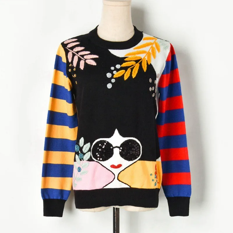 JOYDU Embroidery Leaves Cartoon Girl Sequins Beading Designer Knitted Pullover Sweater Women Autumn Jumper Stripes Long Sleeve | Женская