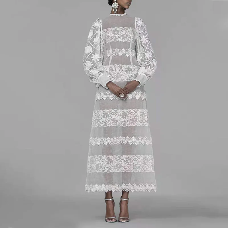 

MSXU 2020 Winter New Women's Fashion Temperament Perspective White Sexy Lace Lantern Sleeve Long Dress Female Women Dress