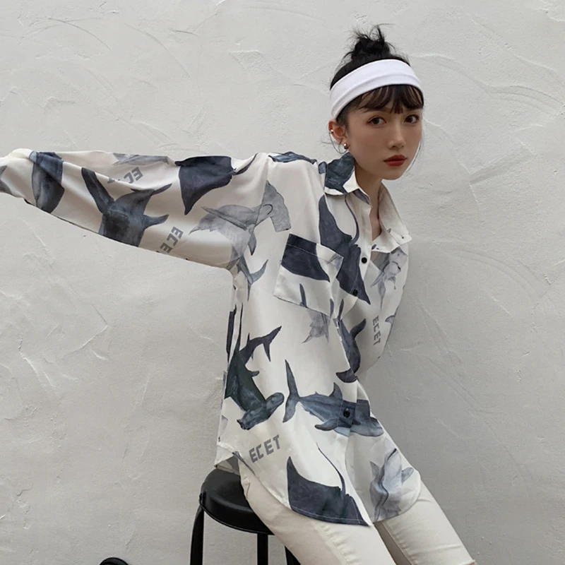 

XIZIHUPAN Casual Patterned Women's Blouses Lapel Long Sleeve Colorblock Straight Loose Shirt Female 2021 Spring Fashion Clothing