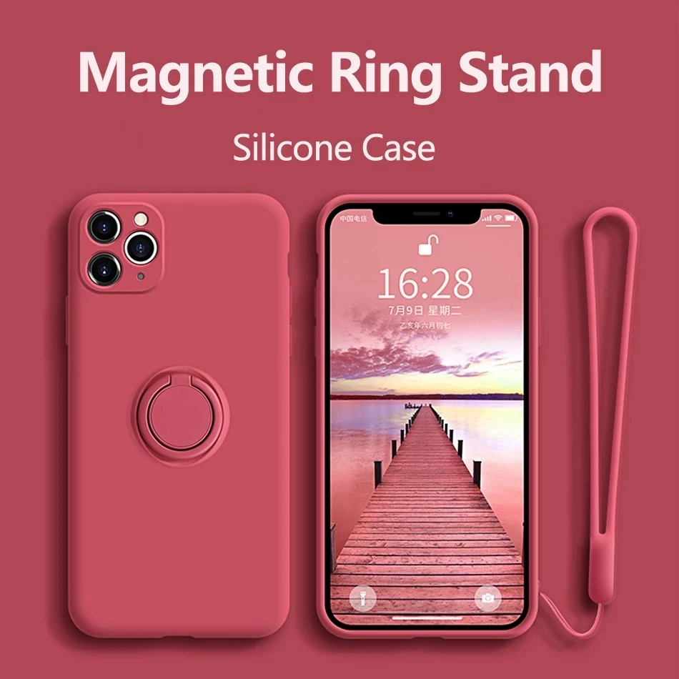 

Fashion Liquid Silicon Soft Phone Case For Huawei P Smart Z S 2019 2020 2021 Candy Colors Ring Holder Kickstand Protection Cover