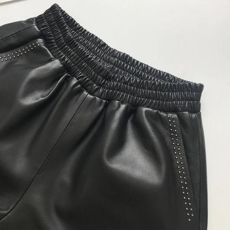 

Women Classic Genuine Summer Leather Shorts Rivet Elastic High Waist Loose Fit Split Hotpants Streetwear Sheepskin Biker Shorts