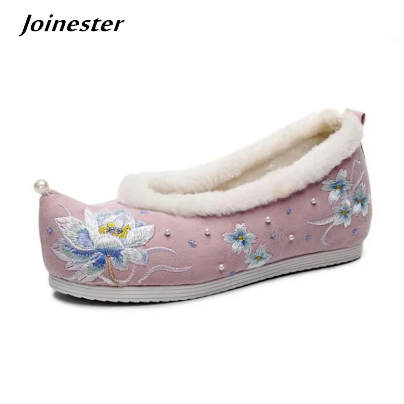 

Зимние женские Ремешок на щиколотке вышивка на танкетке треуголки носок древних Стиль женские Туфли под платье с меховой подкладкой теплые...