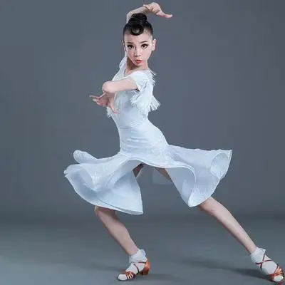 

Lace Fringed Dress Girl Latin Dance Dress Competition For Children Ballroom Kids Skirt Tango Salsa Dancewear Practice Wear White